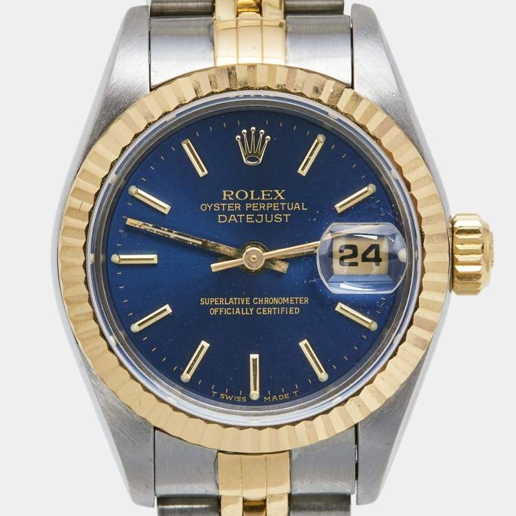 Pre Owned Rolex Blue 18k Yellow Gold Stainless Steel Datejust 69173 Women's Wristwatch 26 mm 