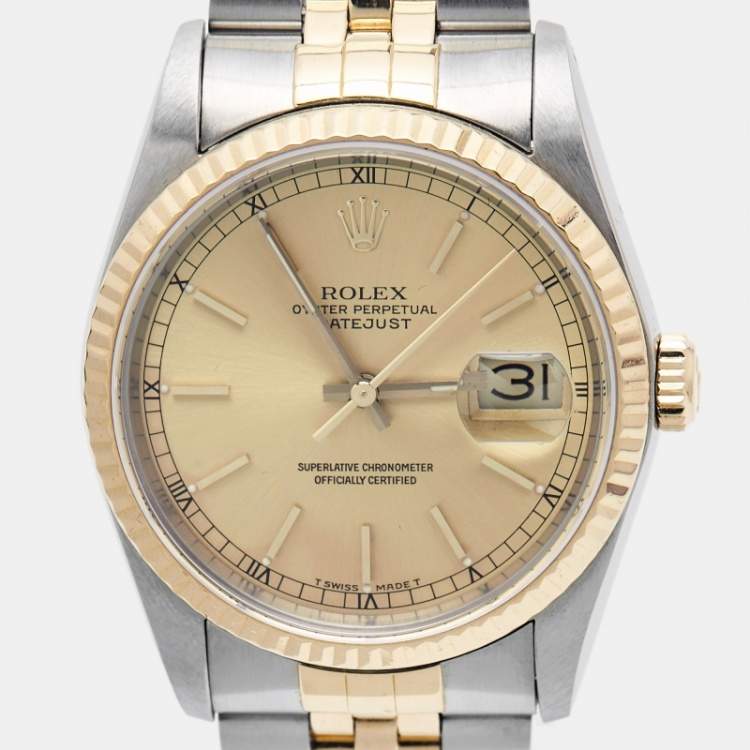 Pre Owned Rolex Champagne 18k Yellow Gold And Stainless Steel Datejust 16233 Men's Wristwatch 36 mm