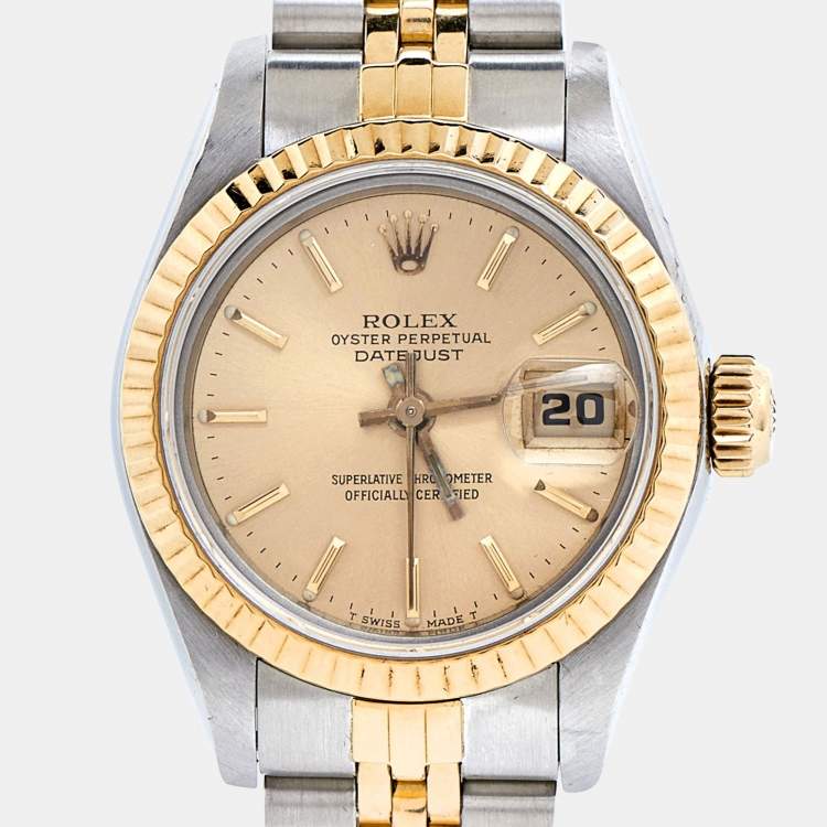 Pre Owned Rolex Champagne 18K Yellow Gold Stainless Steel Datejust 69173 Women's Wristwatch 26 mm