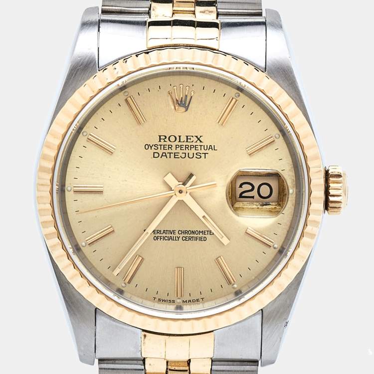 Pre Owned Rolex Champagne 18k Yellow Gold And Stainless Steel Datejust 16233 Men's Wristwatch 36 mm
