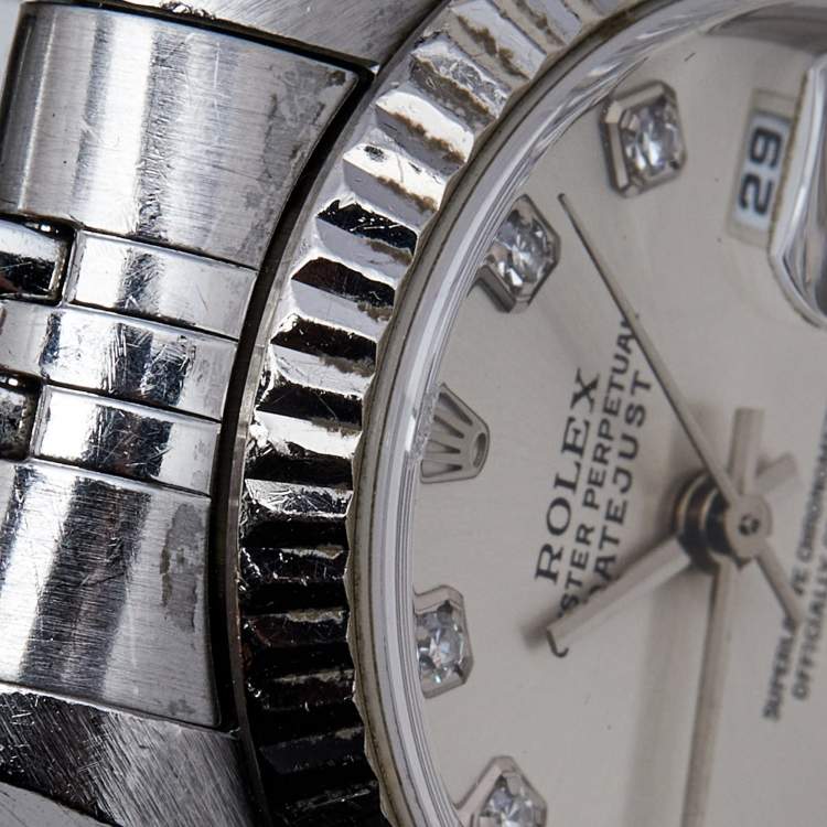 Pre Owned Rolex Silver 18K White Gold Stainless Steel Diamond Datejust 79174 Women's Wristwatch 26 mm