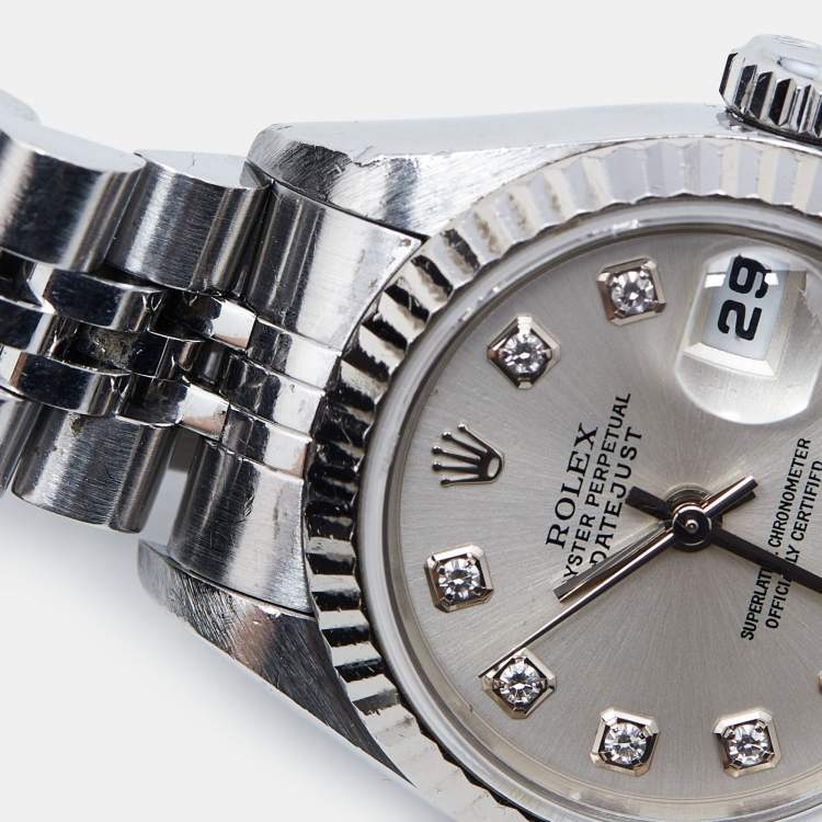 Pre Owned Rolex Silver 18K White Gold Stainless Steel Diamond Datejust 79174 Women's Wristwatch 26 mm