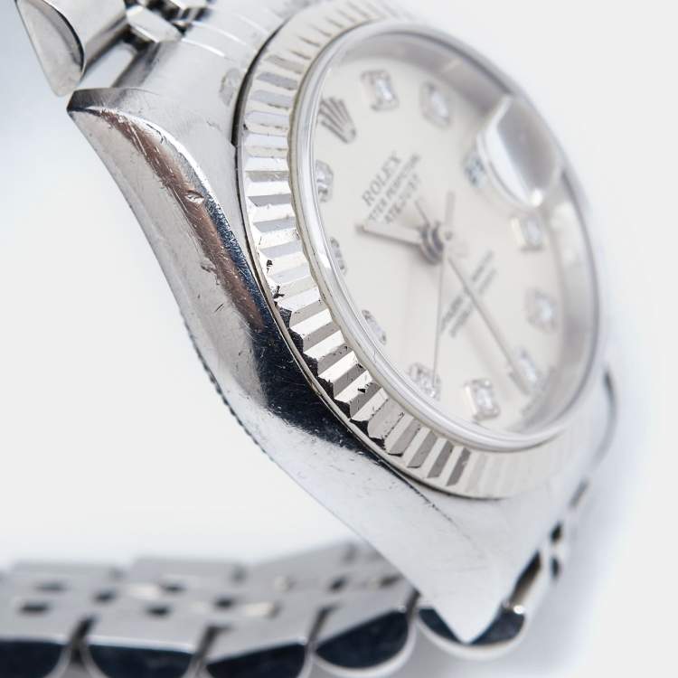 Pre Owned Rolex Silver 18K White Gold Stainless Steel Diamond Datejust 79174 Women's Wristwatch 26 mm