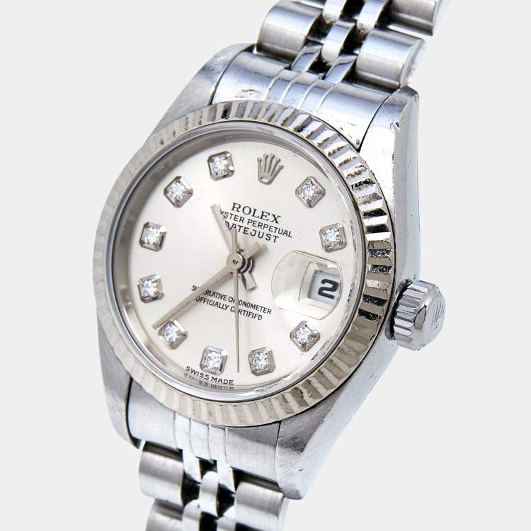 Pre Owned Rolex Silver 18K White Gold Stainless Steel Diamond Datejust 79174 Women's Wristwatch 26 mm