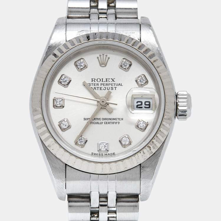 Pre Owned Rolex Silver 18K White Gold Stainless Steel Diamond Datejust 79174 Women's Wristwatch 26 mm