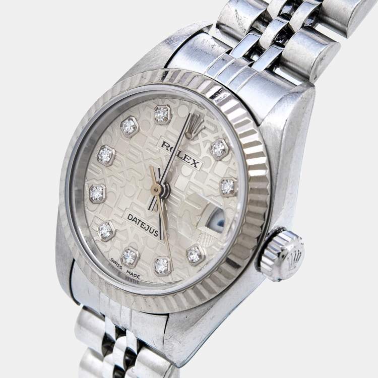Pre Owned Rolex Silver Jubilee 18K White Gold Stainless Steel Diamond Datejust 79174 Women's Wristwatch 26 mm