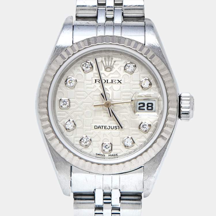 Pre Owned Rolex Silver Jubilee 18K White Gold Stainless Steel Diamond Datejust 79174 Women's Wristwatch 26 mm