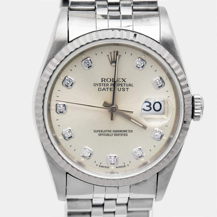 Pre Owned Rolex Silver 18K White Gold Stainless Steel Diamond Datejust 16234 Men's Wristwatch 36 mm