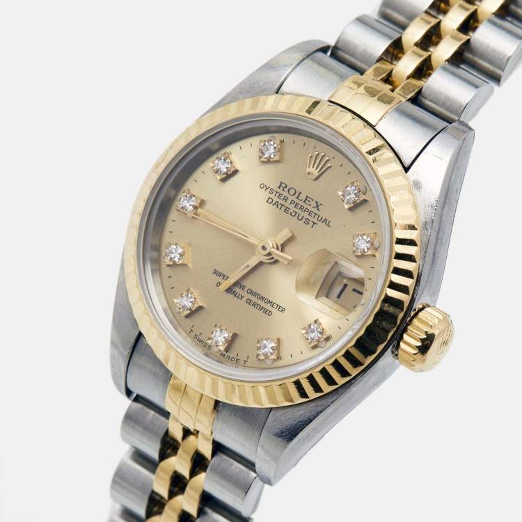 Pre Owned Rolex Champagne Diamond 18k Yellow Gold And Stainless Steel Datejust 69173 Automatic Women's Wristwatch 26 mm
