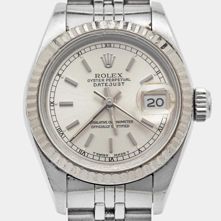 مملوكة مسبقًا Rolex Silver 18K White Gold And Stainless Steel Datejust 69174 Women's Wristwatch 26 mm