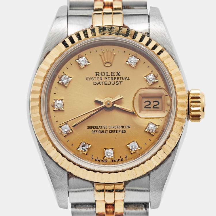مملوكة مسبقًا Rolex Champagne Diamond 18k Yellow Gold And Stainless Steel Datejust 69173 Automatic Women's Wristwatch 26 mm