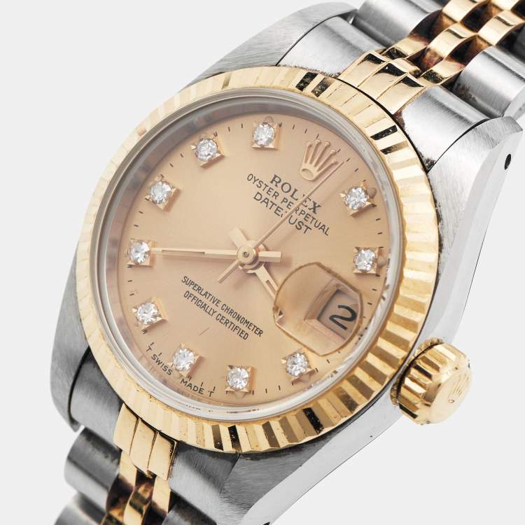 مملوكة مسبقًا Rolex Champagne Diamond 18k Yellow Gold And Stainless Steel Datejust 69173 Automatic Women's Wristwatch 26 mm