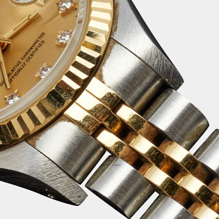 مملوكة مسبقًا Rolex Champagne Diamond 18k Yellow Gold And Stainless Steel Datejust 69173 Automatic Women's Wristwatch 26 mm