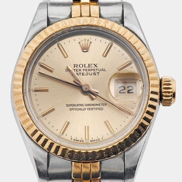 Pre Owned Rolex Champagne 18K Yellow Gold And Stainless Steel Datejust 69173 Women's Wristwatch 26 mm