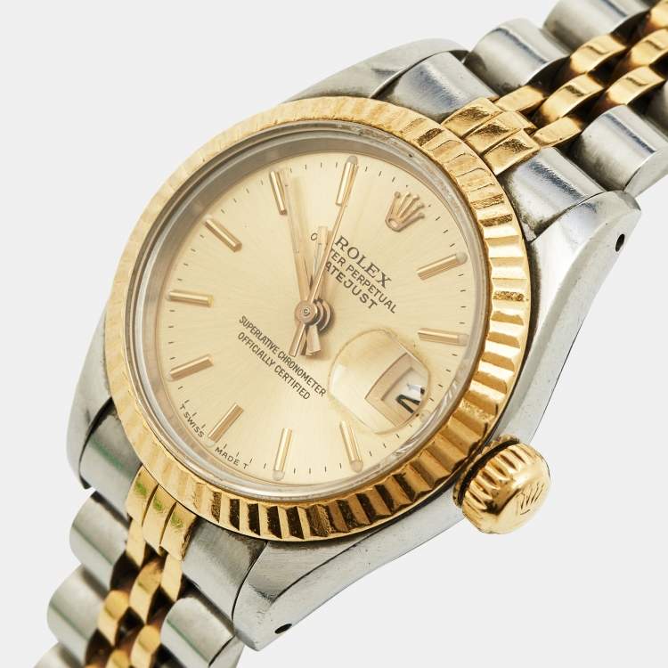 Pre Owned Rolex Champagne 18K Yellow Gold And Stainless Steel Datejust 69173 Women's Wristwatch 26 mm