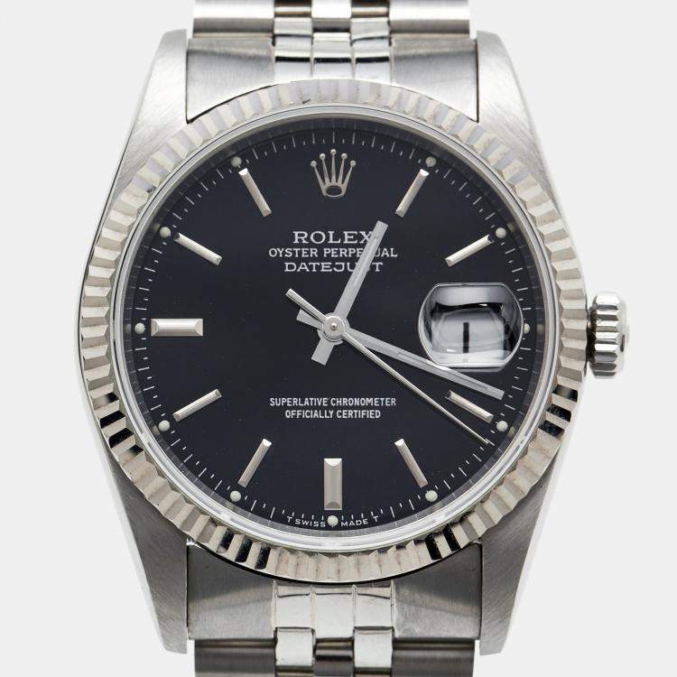 Pre Owned Rolex Black 18K White Gold & Stainless Steel Datejust 16234 Men's Wristwatch 36 mm