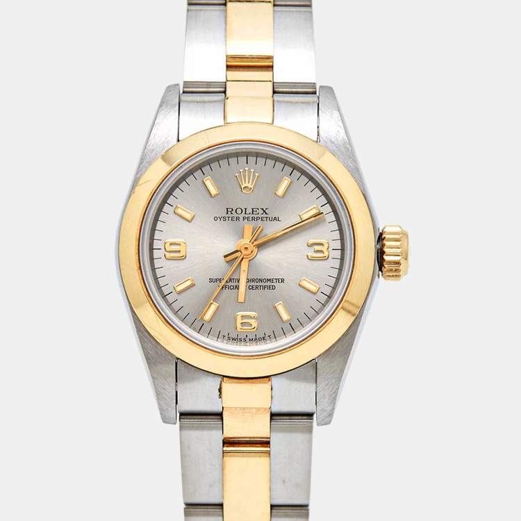 مملوكة مسبقًا Rolex Slate 18K Yellow Gold Stainless Steel Oyster Perpetual 67183 Women's Wristwatch 24 mm