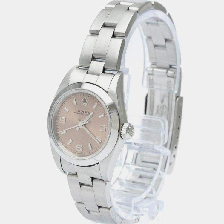 Pre Owned Rolex Orange Stainless Steel Oyster Perpetual 76080 Automatic Women's Wristwatch 24 mm