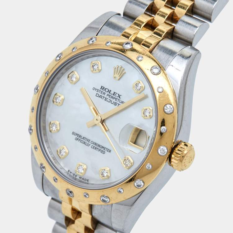 Pre Owned Rolex Mother Of Pearl Diamond 18K Yellow Gold Stainless Steel Datejust 178343 Women's Wristwatch 31 mm