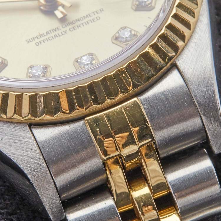 مملوكة مسبقًا Rolex Champagne Diamond 18K Yellow Gold Stainless Steel Datejust 79173 Women's Wristwatch 26 mm