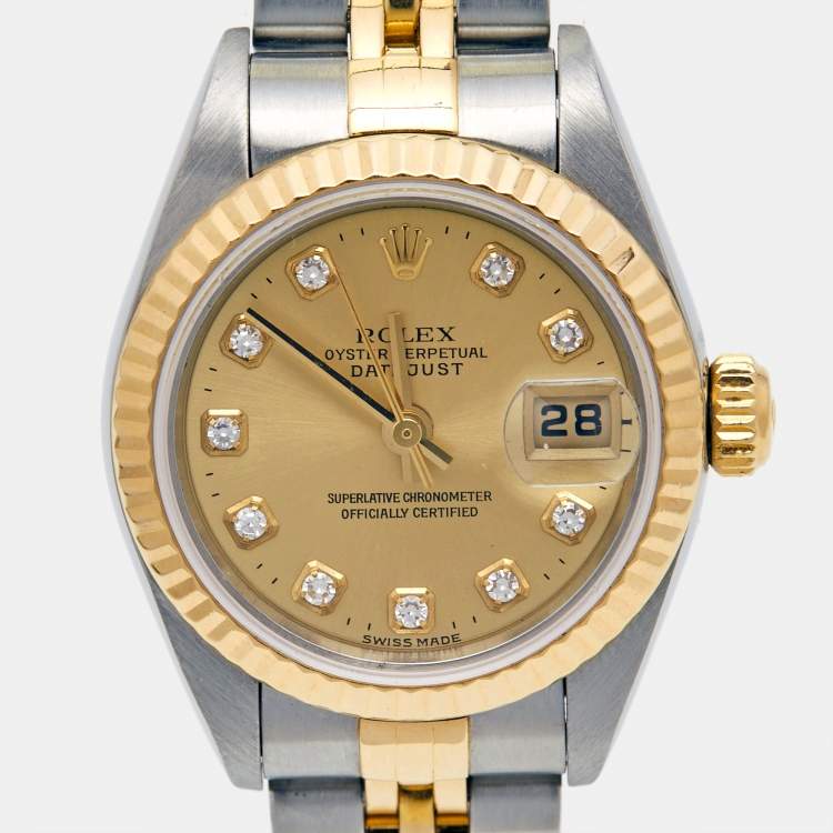 مملوكة مسبقًا Rolex Champagne Diamond 18K Yellow Gold Stainless Steel Datejust 79173 Women's Wristwatch 26 mm