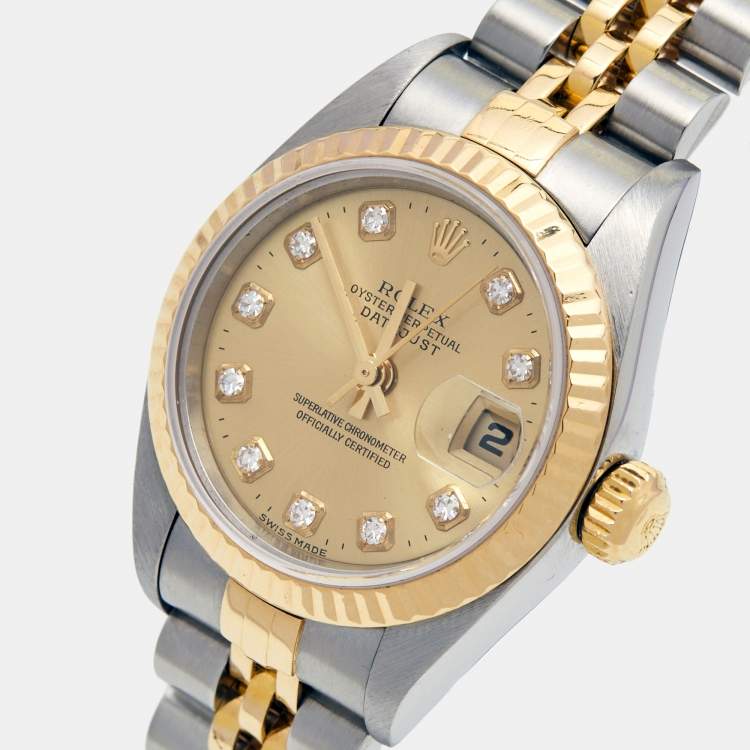 مملوكة مسبقًا Rolex Champagne Diamond 18K Yellow Gold Stainless Steel Datejust 79173 Women's Wristwatch 26 mm