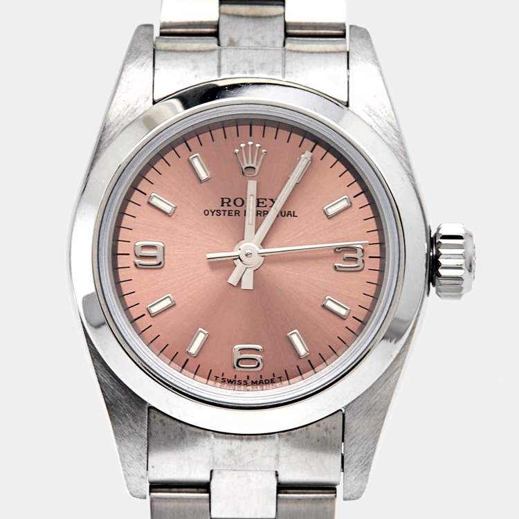 Pre Owned Rolex Salmon Stainless Steel Oyster Perpetual 67180 Automatic Women's Wristwatch 25 mm