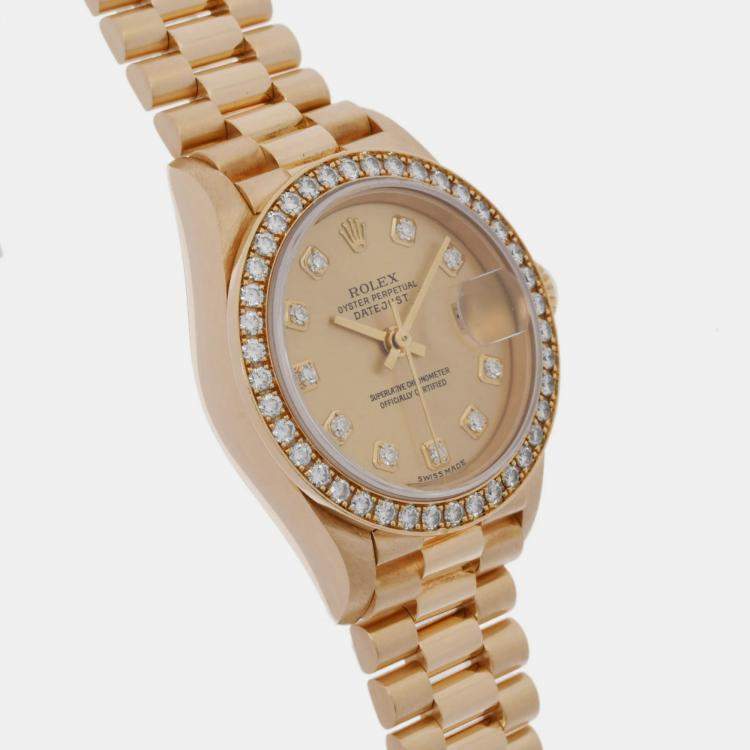 Pre Owned Rolex Champagne 18k Yellow Gold Diamond Datejust 79138 Automatic Women's Wristwatch 26 mm