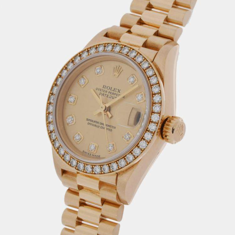 Pre Owned Rolex Champagne 18k Yellow Gold Diamond Datejust 79138 Automatic Women's Wristwatch 26 mm