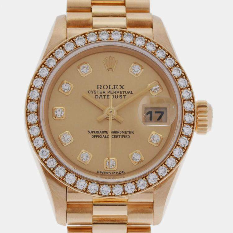 Pre Owned Rolex Champagne 18k Yellow Gold Diamond Datejust 79138 Automatic Women's Wristwatch 26 mm