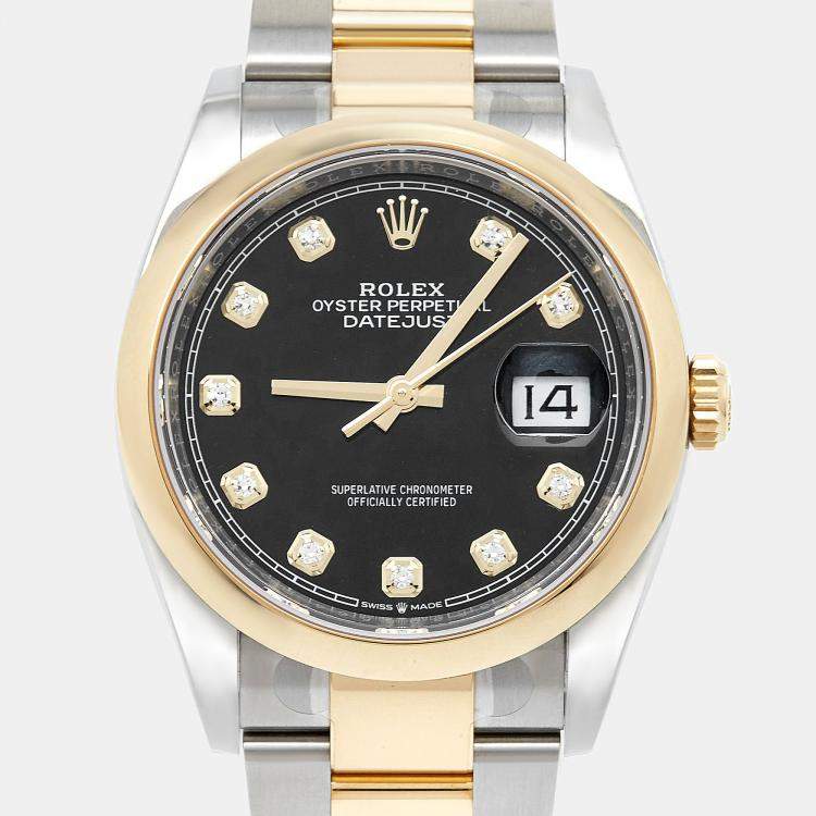Pre Owned Rolex Black Diamond 18k Yellow Gold Stainless Steel Datejust 126203 Women's Wristwatch 36 mm 