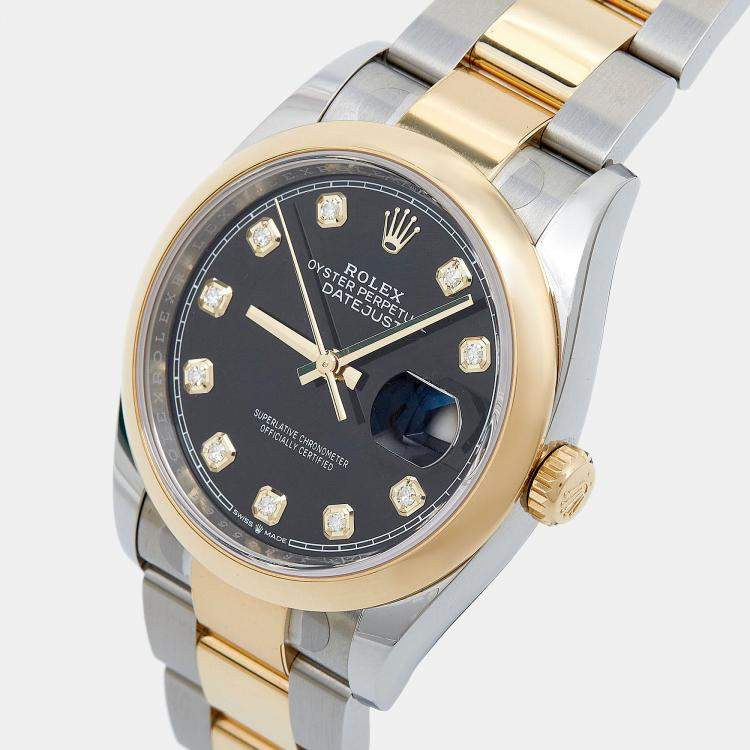 Pre Owned Rolex Black Diamond 18k Yellow Gold Stainless Steel Datejust 126203 Women's Wristwatch 36 mm 