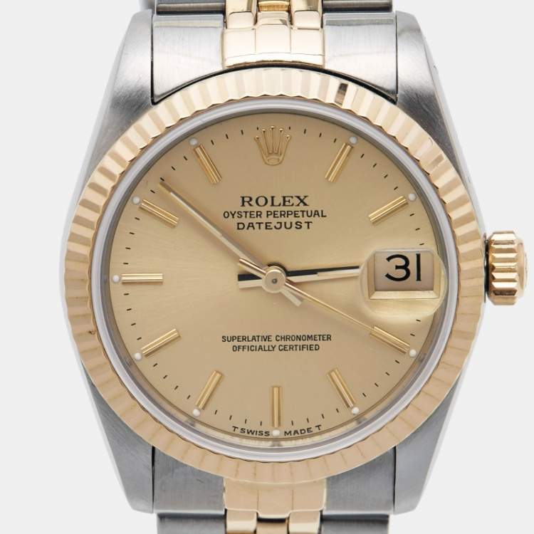 Pre Owned Rolex Champagne 18k Yellow Gold Stainless Datejust 68273 Women's Wristwatch 31 mm