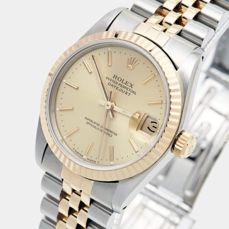 Pre Owned Rolex Champagne 18k Yellow Gold Stainless Datejust 68273 Women's Wristwatch 31 mm