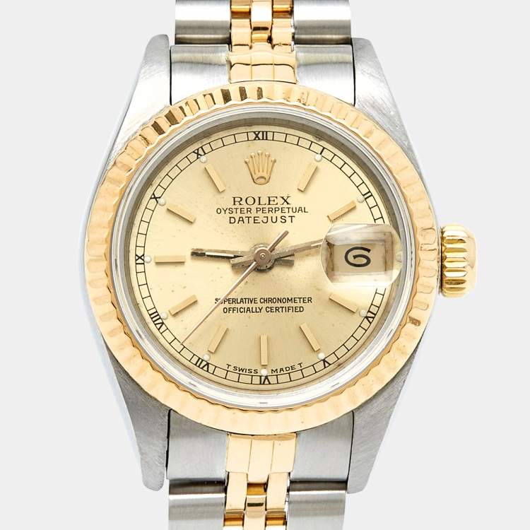 Pre Owned Rolex Champgne 18k Yellow Gold Stainless Steel Datejust 69173 Women's Wristwatch 26 mm 