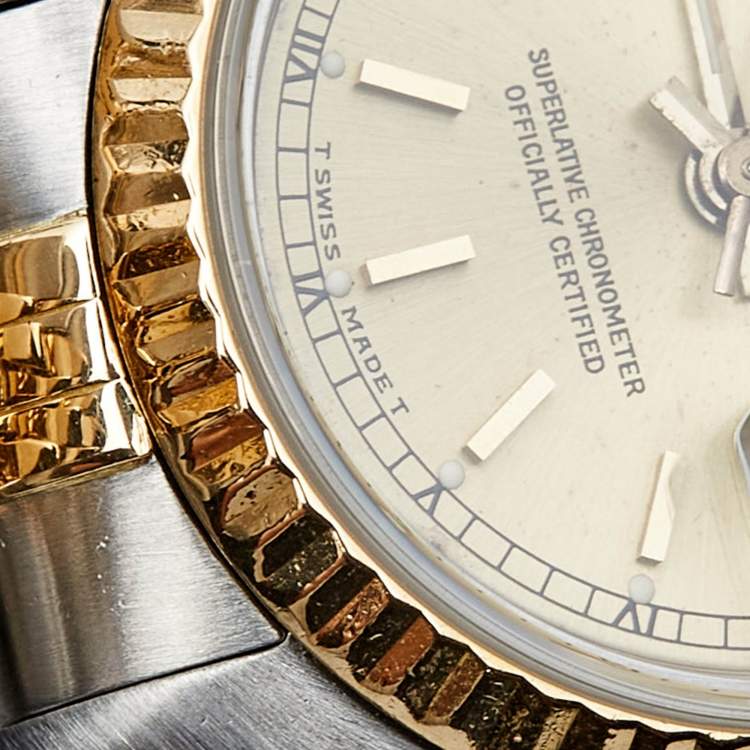 Pre Owned Rolex Champgne 18k Yellow Gold Stainless Steel Datejust 69173 Women's Wristwatch 26 mm 