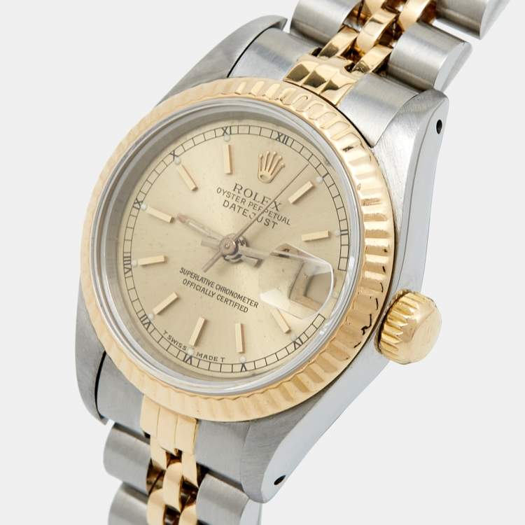 Pre Owned Rolex Champgne 18k Yellow Gold Stainless Steel Datejust 69173 Women's Wristwatch 26 mm 