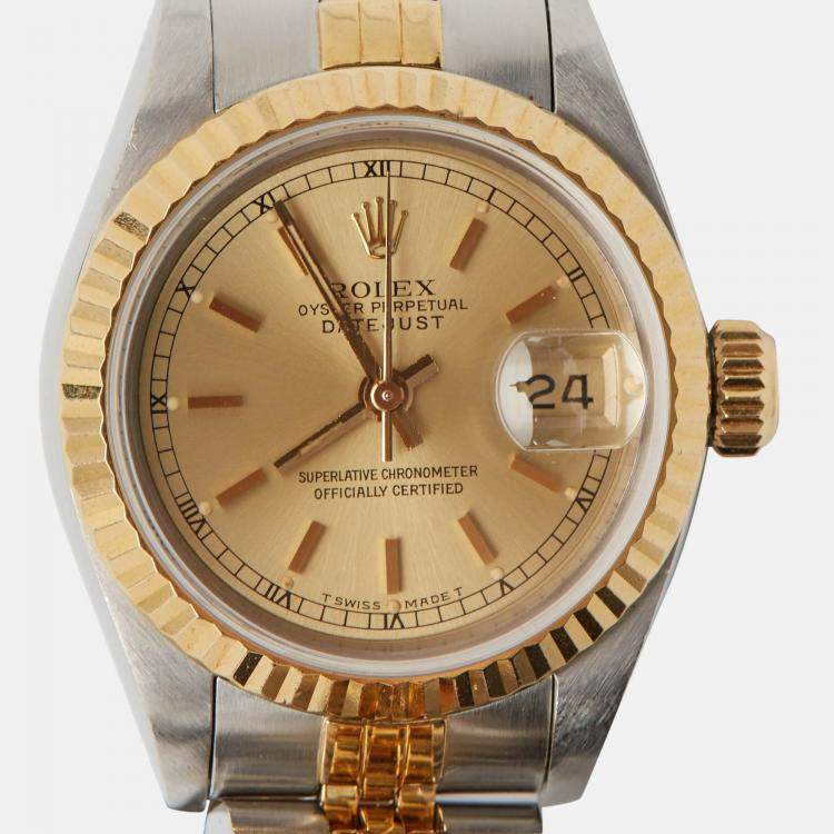 Pre Owned Rolex Champagne 18k Yellow Gold Stainless Steel Datejust 69173 Women's Wristwatch 26 mm