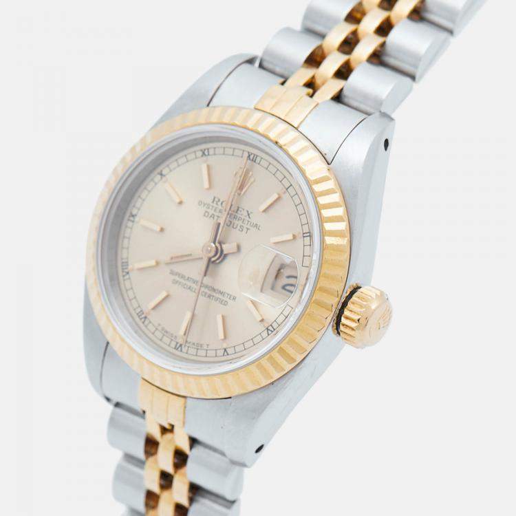 Pre Owned Rolex Champagne 18k Yellow Gold Stainless Steel Datejust 69173 Women's Wristwatch 26 mm