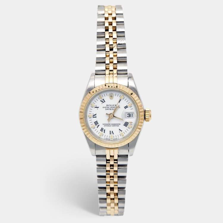 Pre Owned Rolex White 18K Yellow Gold And Stainless Steel Datejust 69173 Women's Wristwatch 26 mm