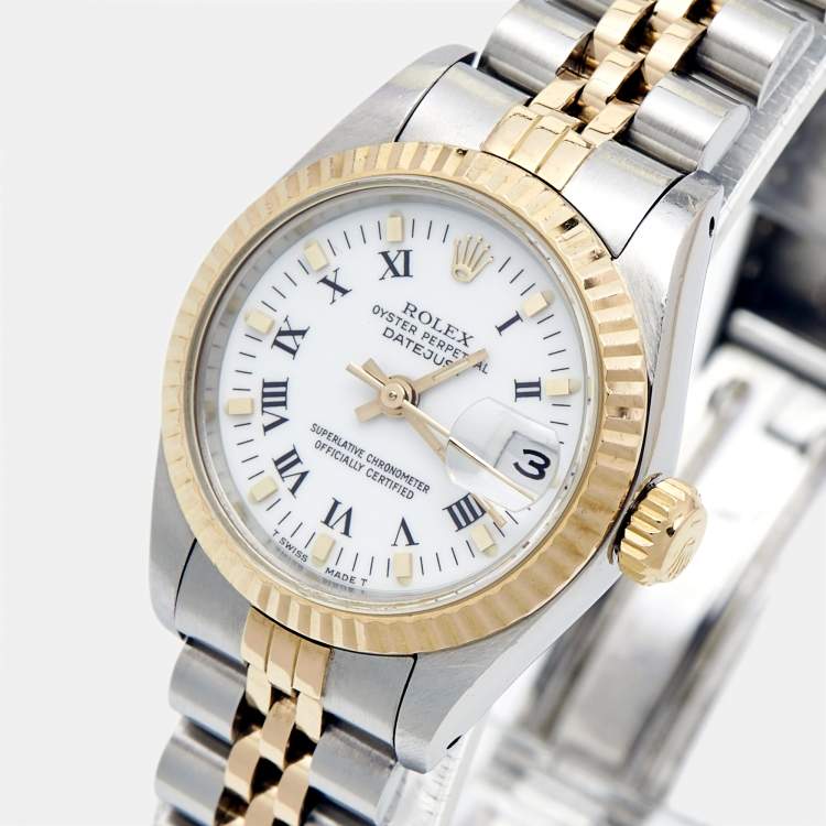 Pre Owned Rolex White 18K Yellow Gold And Stainless Steel Datejust 69173 Women's Wristwatch 26 mm