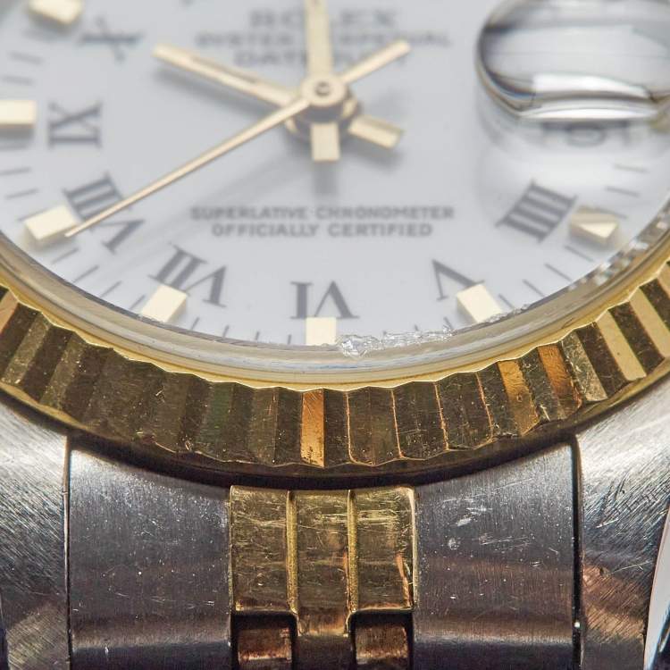Pre Owned Rolex White 18K Yellow Gold And Stainless Steel Datejust 69173 Women's Wristwatch 26 mm