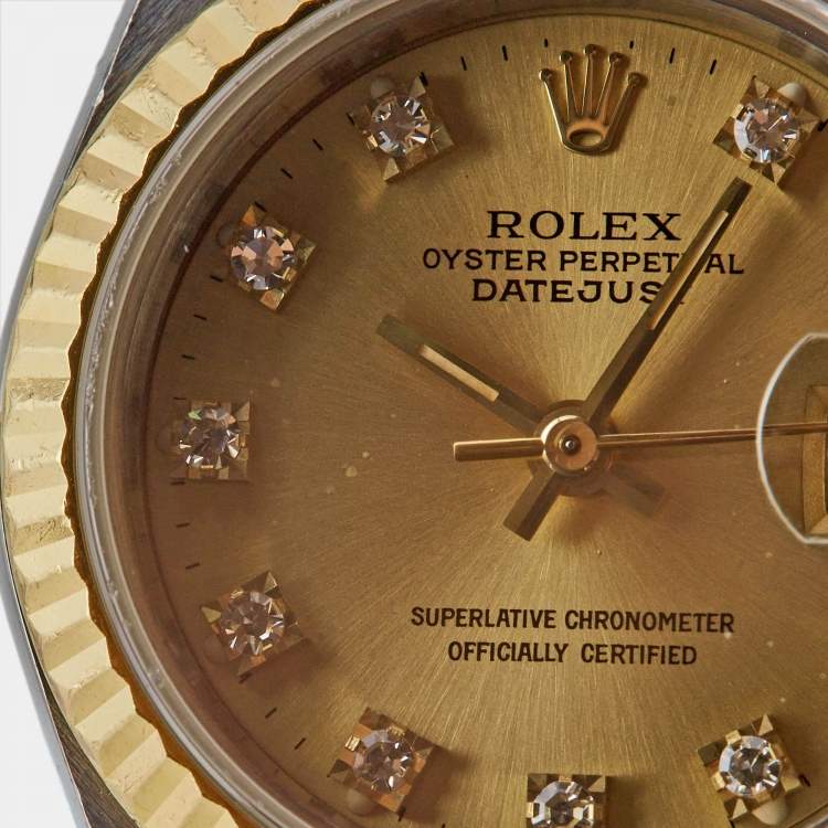Pre Owned Rolex Champagne Diamonds 18K Yellow Gold Stainless Steel Datejust 69173 Women's Wristwatch 26 mm