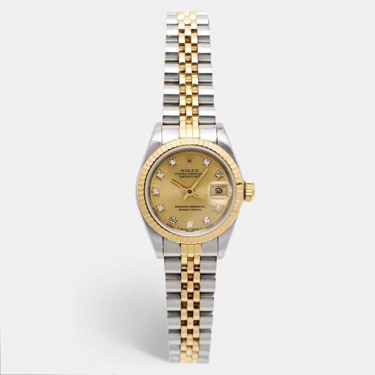Pre Owned Rolex Champagne Diamonds 18K Yellow Gold Stainless Steel Datejust 69173 Women's Wristwatch 26 mm