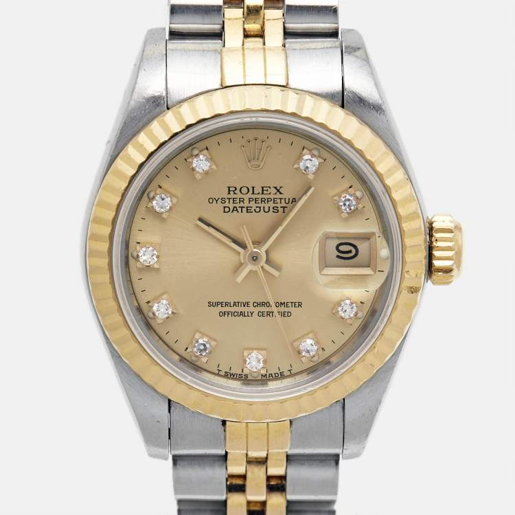 Pre Owned Rolex Champagne Diamonds 18K Yellow Gold Stainless Steel Datejust 69173 Women's Wristwatch 26 mm