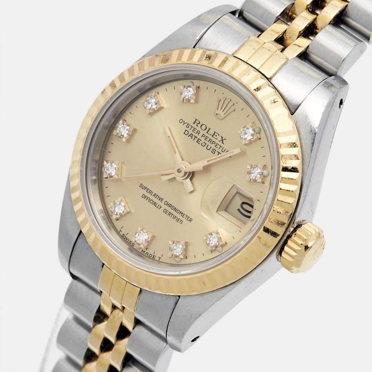 Pre Owned Rolex Champagne Diamonds 18K Yellow Gold Stainless Steel Datejust 69173 Women's Wristwatch 26 mm