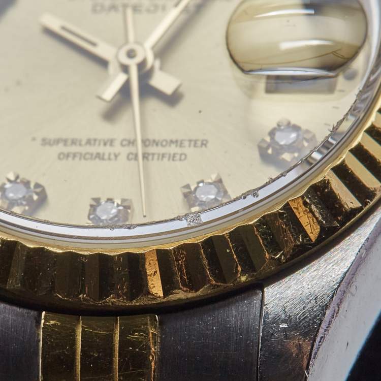 Pre Owned Rolex Champagne Diamonds 18K Yellow Gold Stainless Steel Datejust 69173 Women's Wristwatch 26 mm