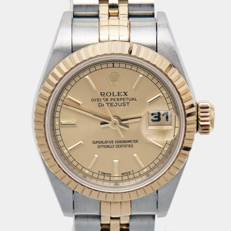 Pre Owned Rolex Champagne 18k Yellow Gold Stainless Steel Datejust 69173 Women's Wristwatch 26 mm