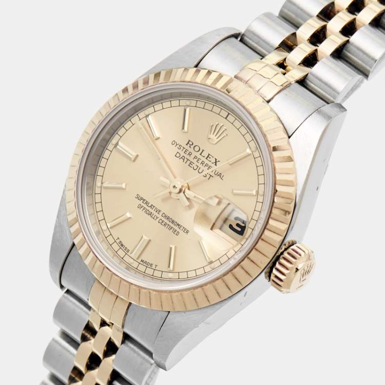 Pre Owned Rolex Champagne 18k Yellow Gold Stainless Steel Datejust 69173 Women's Wristwatch 26 mm