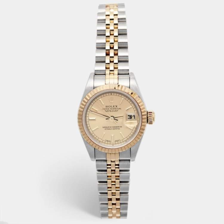 Pre Owned Rolex Champagne 18k Yellow Gold Stainless Steel Datejust 69173 Women's Wristwatch 26 mm